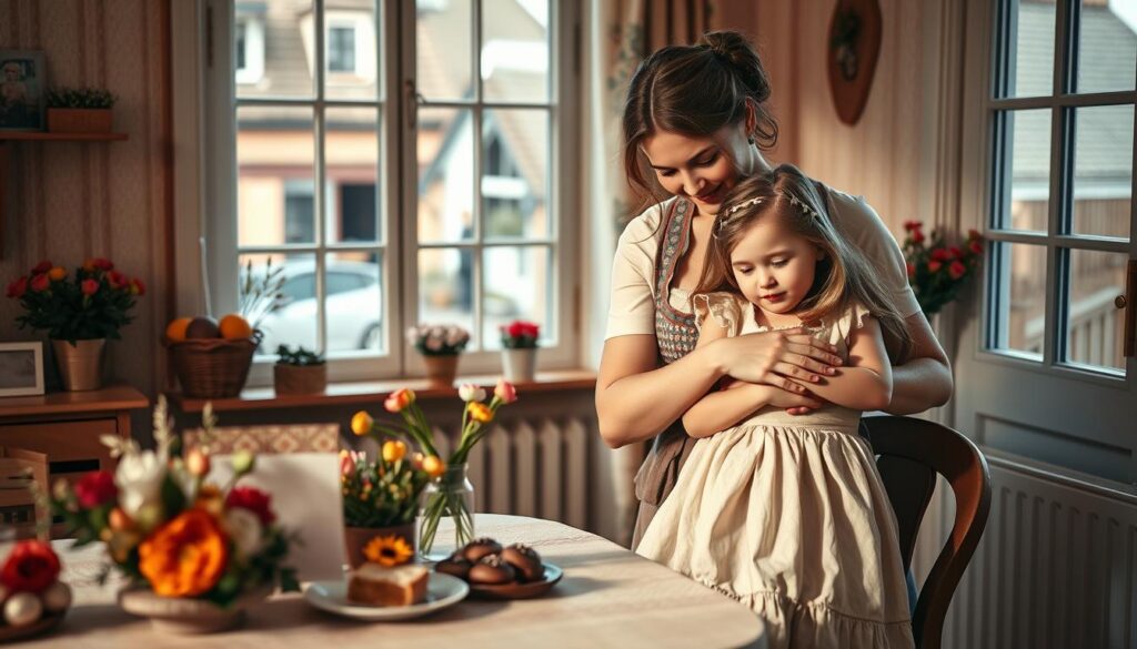 A cozy domestic scene of a traditional German Muttertag (Mother's Day) celebration. In the warm, gently-lit foreground, a loving mother embraces her young daughter, both adorned in traditional Dirndl dresses. The middle ground features a table set with homemade treats, seasonal flowers, and a handcrafted card. In the background, a window overlooks a quaint village street, hinting at the community-wide festivities taking place beyond. Soft, muted tones evoke a sense of timeless nostalgia, while the tender posture of the figures conveys the heartfelt reverence at the heart of this cherished annual tradition.