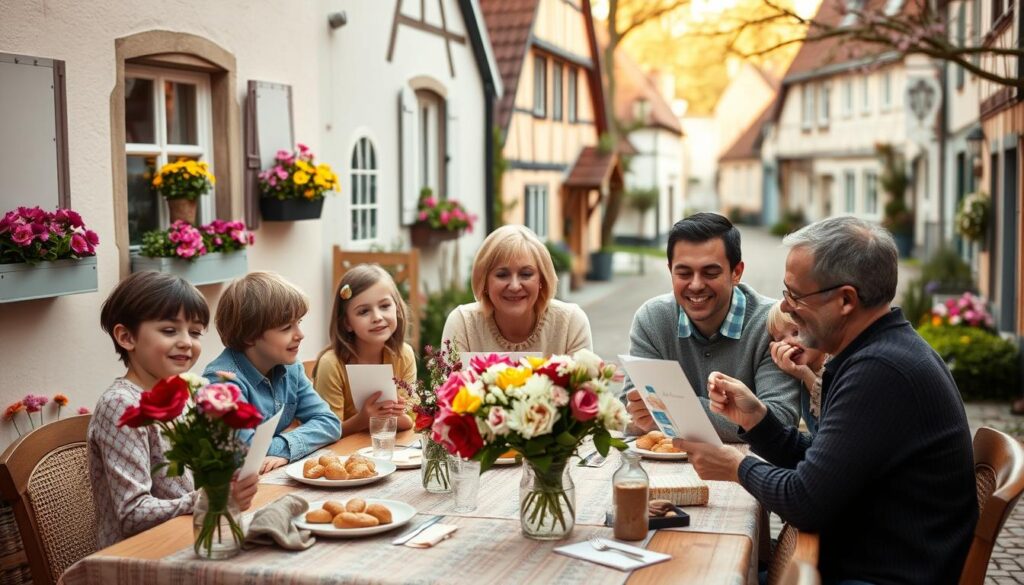 A cozy domestic scene on Muttertag (Mother's Day) in Germany. In the foreground, a family gathers around a table adorned with a vase of fresh flowers, homemade treats, and handmade cards. The mother sits at the center, surrounded by her children and partner, all with warm, loving expressions. The middle ground features a quaint German-style home with colorful window boxes and a blooming garden. In the background, a picturesque village street with cobblestones and half-timbered houses, bathed in the soft, golden glow of a spring afternoon. The atmosphere is one of togetherness, gratitude, and the cherished traditions of Muttertag.