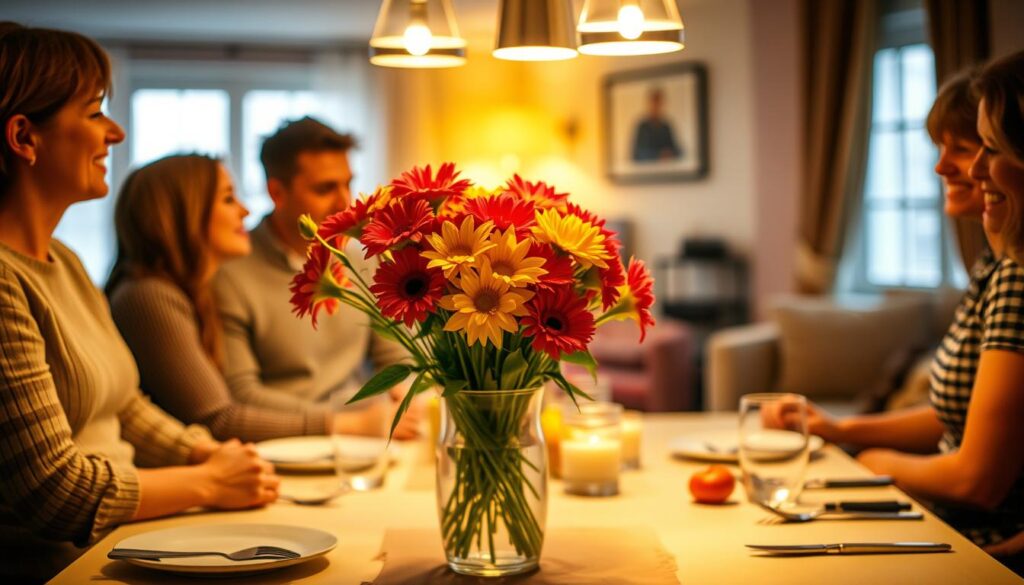 A cozy domestic scene on Muttertag in Germany. In the foreground, a loving family gathered around a beautifully set table, enjoying a heartfelt celebration. Warm, soft lighting illuminates the scene, casting a gentle glow. In the middle ground, a vase of vibrant flowers takes center stage, symbolizing the beauty and appreciation for mothers. The background reveals a comfortable, well-appointed living room, hinting at the cherished traditions and togetherness that define this special day. An atmosphere of love, gratitude, and deep family bonds permeates the image, capturing the essence of Muttertag in Deutschland.