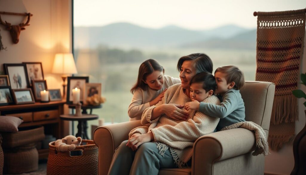 A cozy family gathering in a warm, inviting living room. In the foreground, a mother seated in an armchair, her children gathered around her, sharing a special moment. Soft, ambient lighting casts a gentle glow, highlighting the affectionate expressions and tender embraces. The middle ground features traditional decor elements, such as family photos, candles, and a handcrafted woven blanket, hinting at the cherished rituals and customs observed. The background subtly fades into a serene, softly blurred landscape, creating a sense of timelessness and intimacy. The overall mood is one of reverence, gratitude, and the profound bond between a mother and her family.