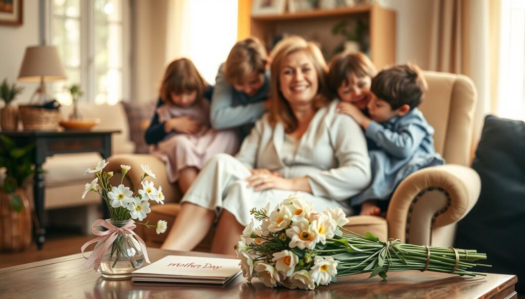 A cozy family scene on Mother's Day, with a smiling mother surrounded by her loved ones. In the foreground, a delicate bouquet of fresh flowers rests on a table, accompanied by a handmade card and a small gift. The middle ground features the mother relaxing on a comfortable armchair, while her children, dressed in their finest, gather around her, offering hugs and heartfelt expressions of appreciation. The background depicts a warm, sun-lit room, with soft lighting casting a gentle glow and accentuating the intimate, familial atmosphere. The overall mood is one of joy, gratitude, and cherished moments shared between a mother and her adoring family.