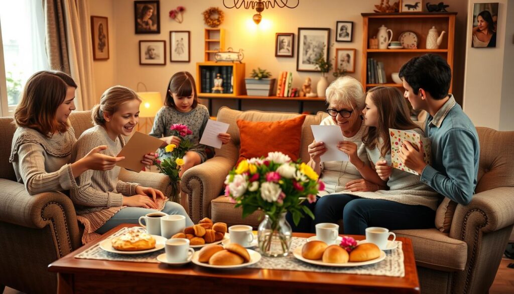 A cozy gathering of German families celebrating Mother's Day traditions, set in a warm, inviting living room. In the foreground, a grandmother sits in a comfortable armchair, surrounded by her children and grandchildren. They present her with homemade cards, flowers, and small gifts, their faces alight with love and appreciation. The middle ground features a neatly set table, adorned with traditional German pastries, freshly brewed coffee, and a vase of vibrant blooms. In the background, the room is bathed in soft, golden lighting, creating a delightful, nostalgic atmosphere. The walls are adorned with family photographs and cherished keepsakes, reflecting the deep-rooted connections and treasured traditions of this German household on Mother's Day.