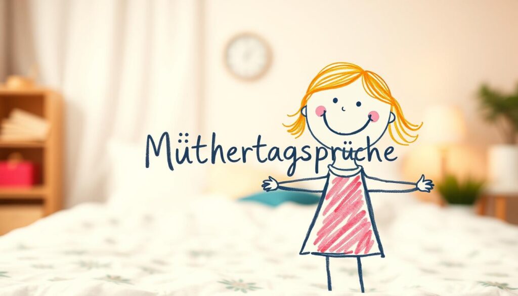 A cozy, hand-drawn illustration depicting a heartfelt Mother's Day message from a young child. In the foreground, a charming, crayon-colored drawing of a smiling mother figure, her arms open wide. In the middle ground, the child's text-based "Muttertagssprüche" rendered in a playful, handwritten script, expressing affection and appreciation. The background features a warm, pastel-toned scene, perhaps a bedroom or living room, with soft lighting and subtle textures, suggesting a intimate, domestic setting. The overall mood is whimsical, loving, and sincere, capturing the innocent, heartfelt sentiments of a child celebrating their mother.