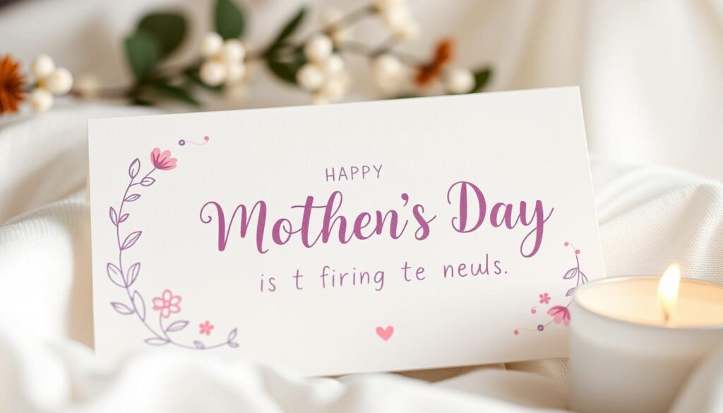 A cozy, hand-lettered card with a simple, heartfelt message. The font is a whimsical calligraphic script, in a soft, muted palette of pastel pinks, purples, and blues. The card is framed by a delicate border of sketched botanical elements, like leaves and flowers, adding a touch of natural elegance. The overall composition conveys a sense of warmth, intimacy, and appreciation, perfectly suited for a Mother's Day message. Soft, diffused lighting illuminates the scene, giving it a gentle, almost dreamlike quality.