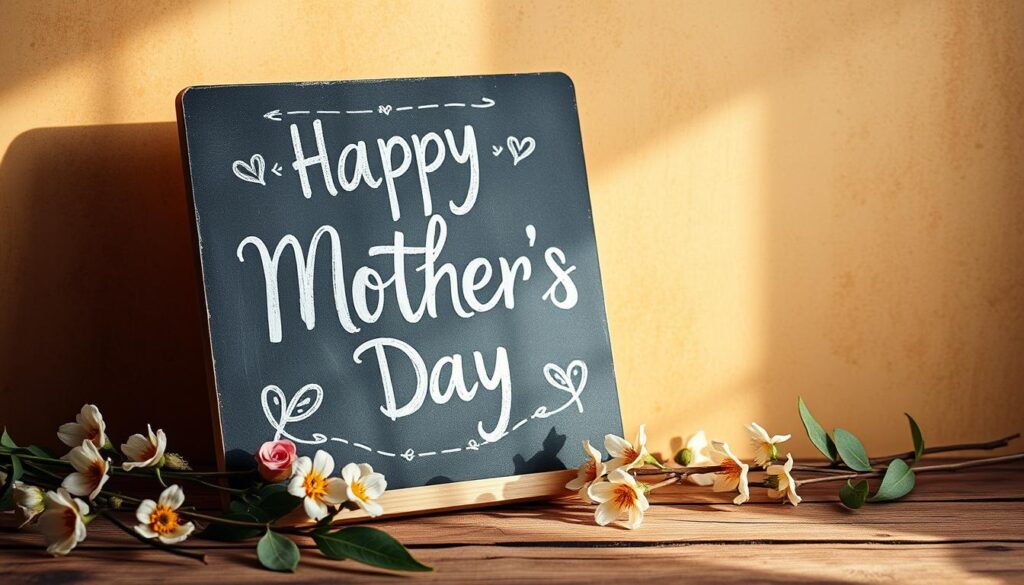 A cozy, hand-lettered chalkboard against a warm, textured background, displaying a playful, homemade-style Mother's Day message in a mix of cursive and block lettering. The chalkboard is propped on a rustic wooden surface, surrounded by natural elements like flowers, branches, and leaves to create a charming, artisanal atmosphere. Soft, directional lighting casts gentle shadows, giving the scene a heartfelt, intimate ambiance. The overall composition conveys a sense of personalized, heartfelt celebration of motherhood.