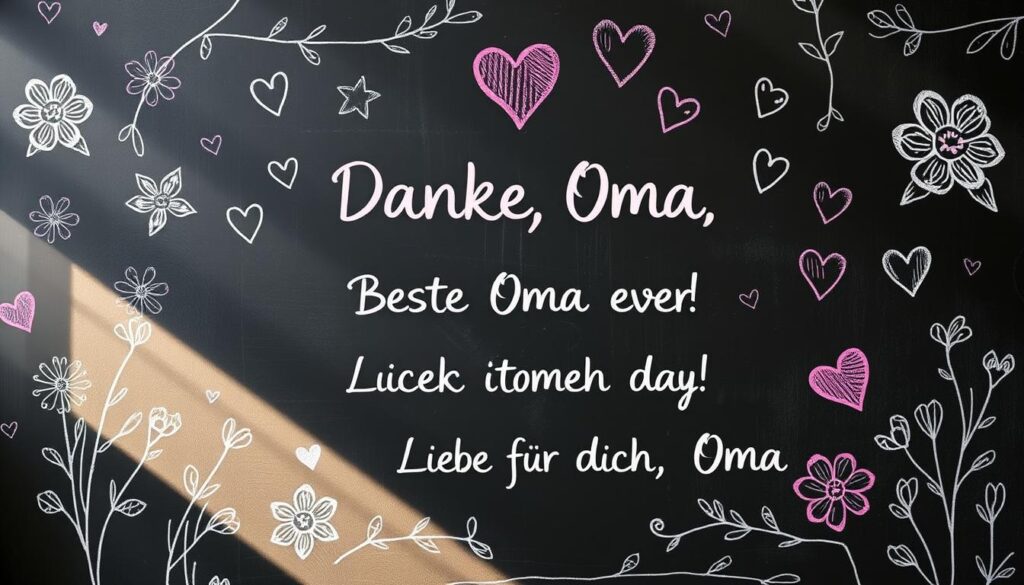 A cozy, hand-lettered chalkboard backdrop, with colorful chalk-style sketches of flowers, hearts, and other delicate flourishes, illuminated by soft, natural lighting. In the center, a series of brief, heartfelt mother's day messages, written in a warm, calligraphic script - "Danke, Oma!", "Beste Oma ever!", "Liebe für dich, Oma". The overall mood is one of sincere appreciation and affection, perfectly capturing the spirit of celebrating grandmothers on this special day.