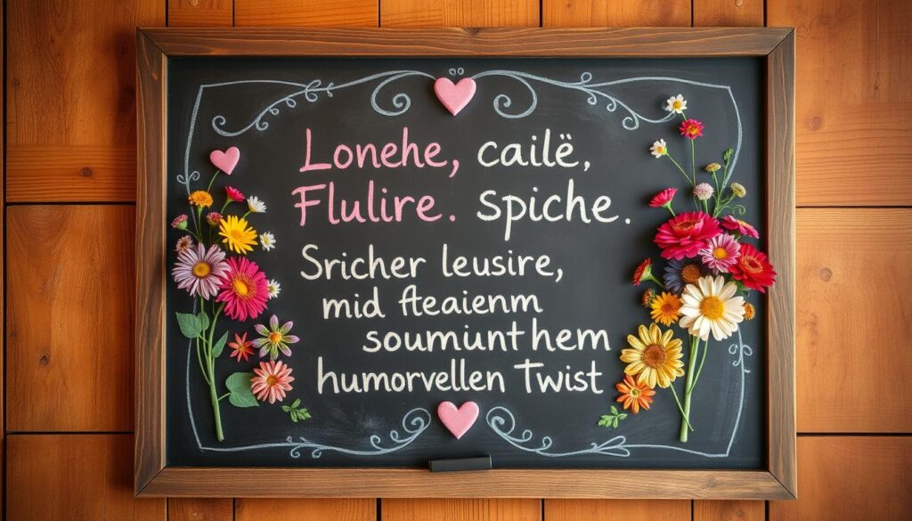 A cozy, hand-painted chalkboard set against a warm, rustic wooden backdrop. In the center, vibrant floral arrangements frame a playful, heartfelt message scribbled in colorful chalk. The text exudes a touch of whimsy, blending sentimental sentiments with a lighthearted, humorous twist. Soft, diffused lighting casts a gentle glow, creating an inviting, intimate atmosphere. The overall composition strikes a balance between the emotional and the comedic, perfectly encapsulating the spirit of the "Emotionale Sprüche mit einem humorvollen Twist" section.