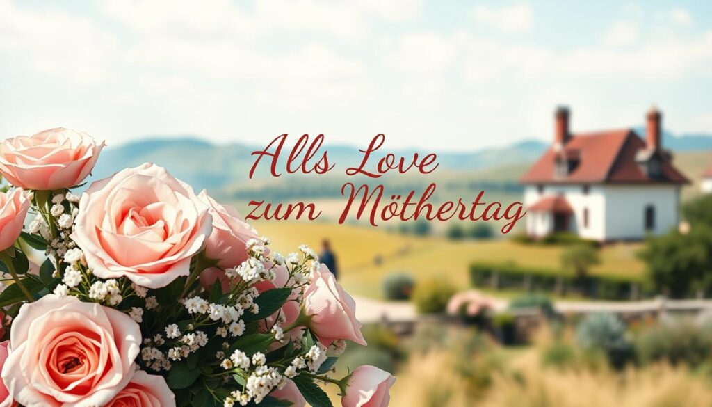 A cozy, hand-painted vintage scene depicting classic Mother's Day sentiments. In the foreground, a delicate floral bouquet of pastel roses, baby's breath, and lush greenery, radiating warmth and love. In the middle ground, an elegant cursive script reading "Alles Liebe zum Muttertag" in a soft, earthy palette. The background features a softly blurred, idyllic landscape of rolling hills, a quaint cottage, and a clear blue sky, conveying a sense of tranquility and timelessness. The overall composition evokes a nostalgic, heartfelt atmosphere, perfectly suited to illustrate the classic Mother's Day messages.