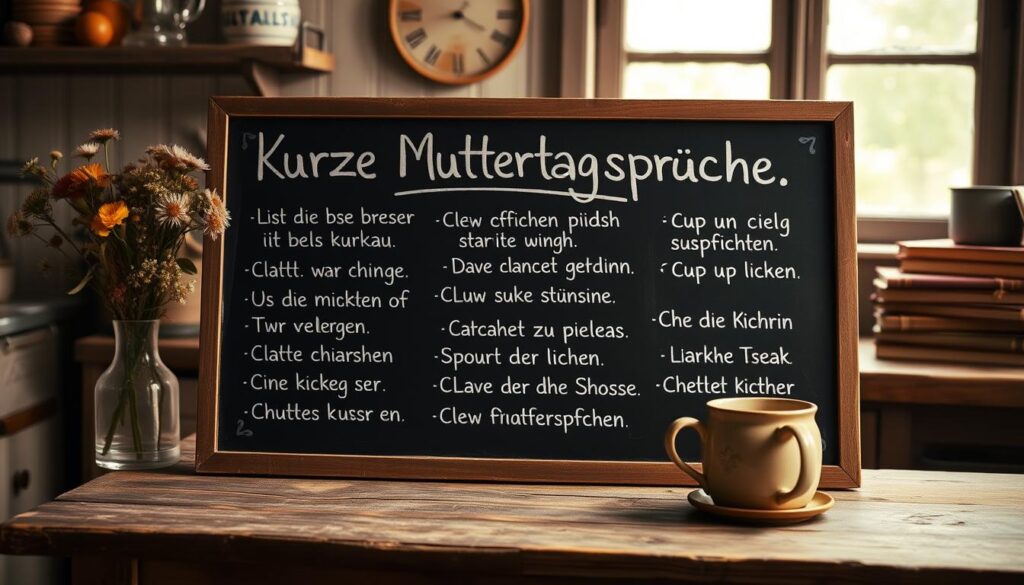 A cozy, hand-written chalkboard in a rustic kitchen setting, showcasing a selection of humorous and heartwarming "Kurze Muttertagssprüche" (short Mother's Day sayings). The chalkboard is positioned atop a weathered wooden table, surrounded by casual kitchen accents like a vase of wildflowers, a ceramic mug, and a stack of worn cookbooks. The lighting is warm and inviting, casting a soft glow over the scene. The overall mood is playful and endearing, perfectly capturing the spirit of the section title "Lustige Muttertagssprüche, die jede Mama zum Lachen bringen".