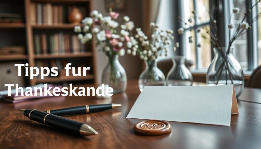 A cozy, handcrafted scene of "Tipps für Dankeskarten". In the foreground, an elegant stationery set with a calligraphy pen, wax seal, and a blank card in soft pastel tones. Delicate floral arrangements in vases sit atop a polished wooden table, filling the frame with a natural, inviting atmosphere. Soft, diffused lighting from a window casts a warm glow, creating a serene, contemplative mood. The background features a subtle, blurred bookshelf with vintage-inspired decor, hinting at the thoughtful, heartfelt nature of the task at hand. Subtle textures and a muted color palette evoke a sense of timeless craftsmanship and personal expression.