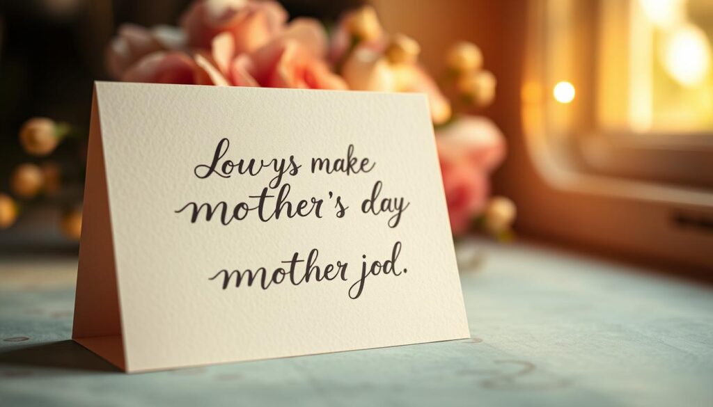 A cozy, handmade Mother's Day card with a heartfelt handwritten message. The card is made of textured cardstock in a soft pastel color, featuring a delicate floral pattern in the background. The foreground showcases a beautifully calligraphed inspirational quote or phrase, conveying a sentiment of love, appreciation, and gratitude. Warm, natural lighting casts a gentle glow, creating a serene and intimate atmosphere. The composition is balanced, with the text centered and surrounded by subtle flourishes or decorative elements. The image evokes a sense of homemade charm, personal touch, and thoughtfulness, perfectly capturing the essence of a meaningful Muttertagskarten-Spruch.