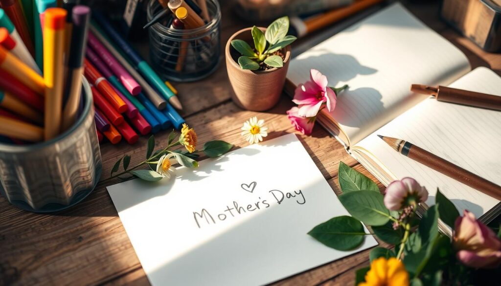 A cozy, handmade-looking desk scene featuring various art supplies, including colorful markers, brushes, and an open sketchbook. In the foreground, a partially completed Mother's Day card with a simple, heartfelt message takes center stage, surrounded by natural elements like flowers, leaves, and a small potted plant. Gentle, warm lighting casts a soft glow over the arrangement, creating an inviting, personalized atmosphere. The composition emphasizes the process of crafting a unique, thoughtful gift for a loved one.