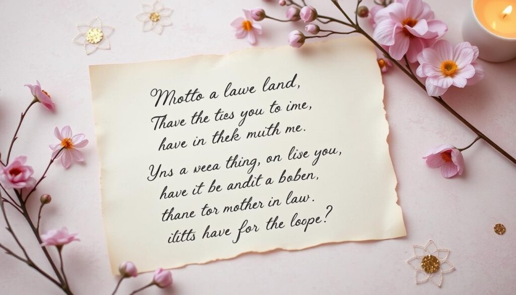 A cozy, handwritten calligraphic poem on a vintage parchment-like paper, set against a soft, pastel-colored background with delicate floral accents and hints of golden embellishments. The composition is warm and inviting, with a sense of thoughtfulness and appreciation for the mother-in-law figure. The poem's lines flow gracefully, conveying heartfelt sentiments of gratitude and affection. The overall aesthetic is elegant, refined, and evocative of the care and respect one might wish to express for a beloved family member.