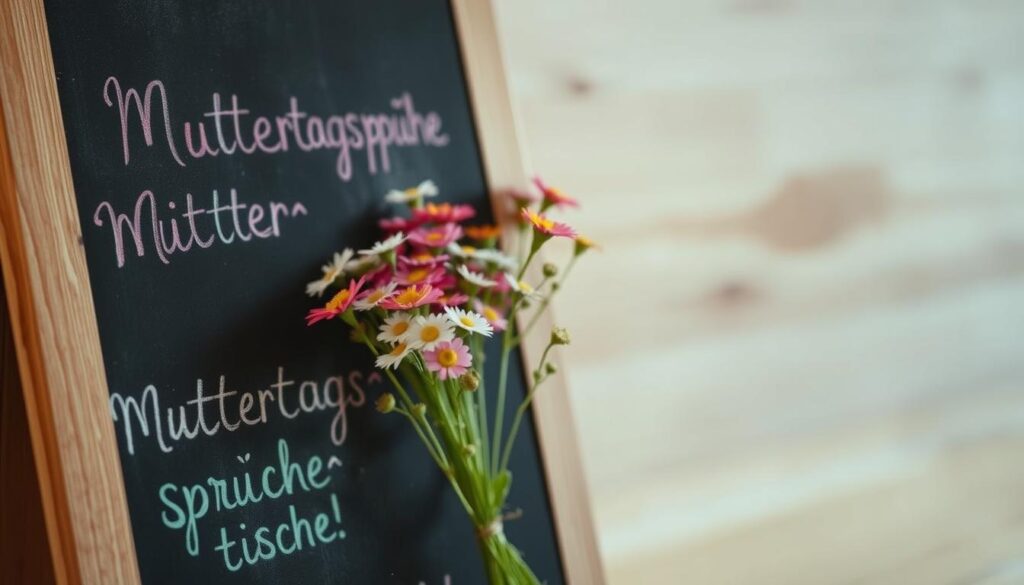 A cozy, handwritten chalkboard scene with a warm, rustic atmosphere. In the foreground, a chalkboard with colorful, elegant cursive handwriting displays heartfelt "Muttertagssprüche" - short, personalized mother's day messages. The middle ground features a bundle of fresh wildflowers, their vibrant hues complementing the chalkboard. In the background, a soft, blurred wooden surface provides a natural, textured backdrop. Soft, natural lighting casts a gentle glow, creating a intimate, inviting mood. The overall composition conveys a sense of homemade creativity and heartfelt sentiment.