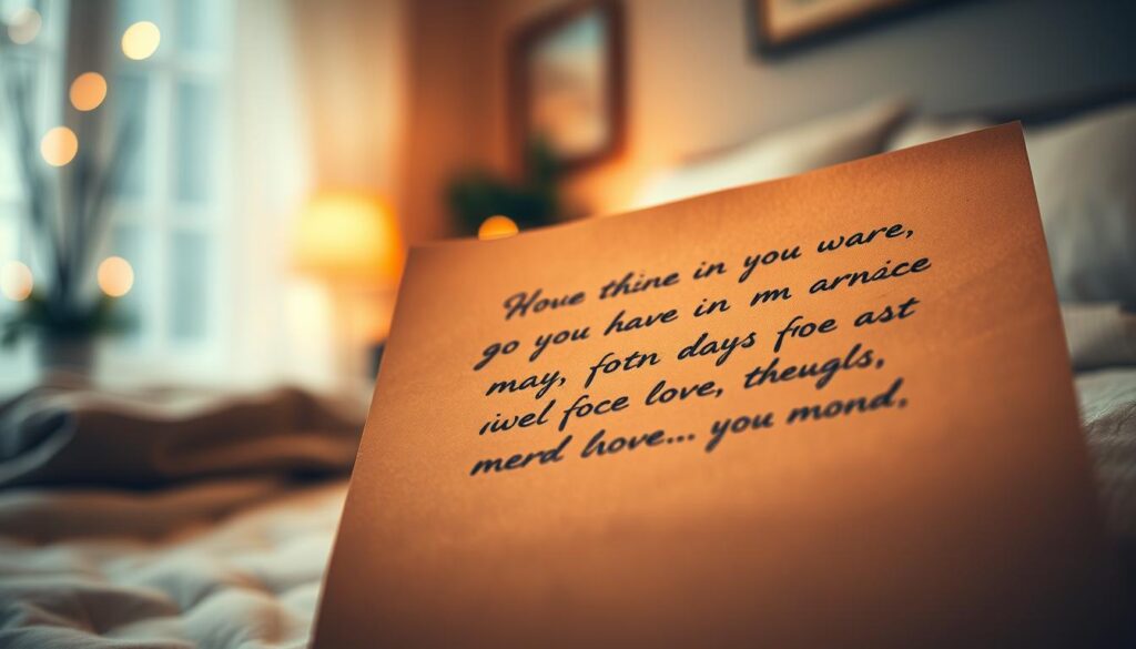 A cozy, handwritten letter or note, gently illuminated by warm, muted lighting. The paper has a soft, textured surface, with a slightly faded, aged appearance. The message is written in a flowing, calligraphic script, capturing the sentiment and emotion of a heartfelt, personal message. The composition includes the letter or note in the foreground, with a blurred, romantic background that suggests a domestic setting, such as a bedroom or living room. The overall mood is intimate, thoughtful, and reflective, evoking a sense of connection and affection.