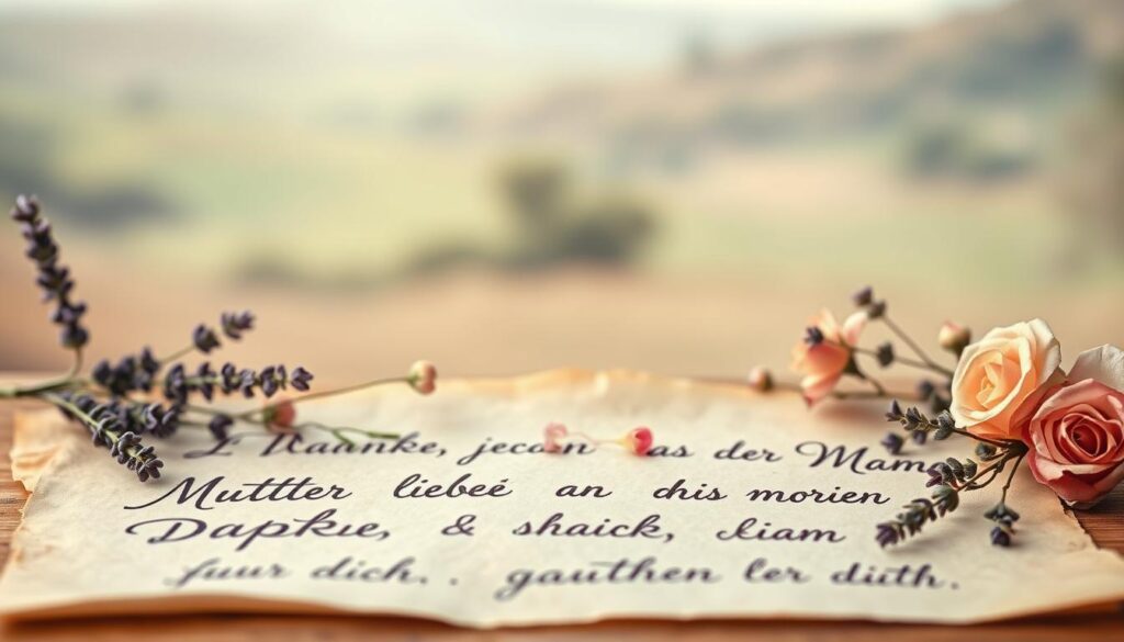 A cozy, handwritten-style composition of traditional German Mother's Day sayings, depicted in a warm, muted color palette. In the foreground, a collection of heartfelt phrases like "Mutterliebe", "Danke, Mama", and "Für dich" are elegantly displayed on parchment-like paper, with subtle textures and aged edges. The middle ground features delicate floral elements, such as sprigs of lavender and fragrant roses, framing the text. In the background, a soft, blurred landscape evokes a peaceful, pastoral scene, hinting at the timeless, nostalgic nature of these time-honored Mother's Day sentiments. Gentle, diffused lighting casts a tranquil, inviting atmosphere, highlighting the authentic, handcrafted quality of the design.