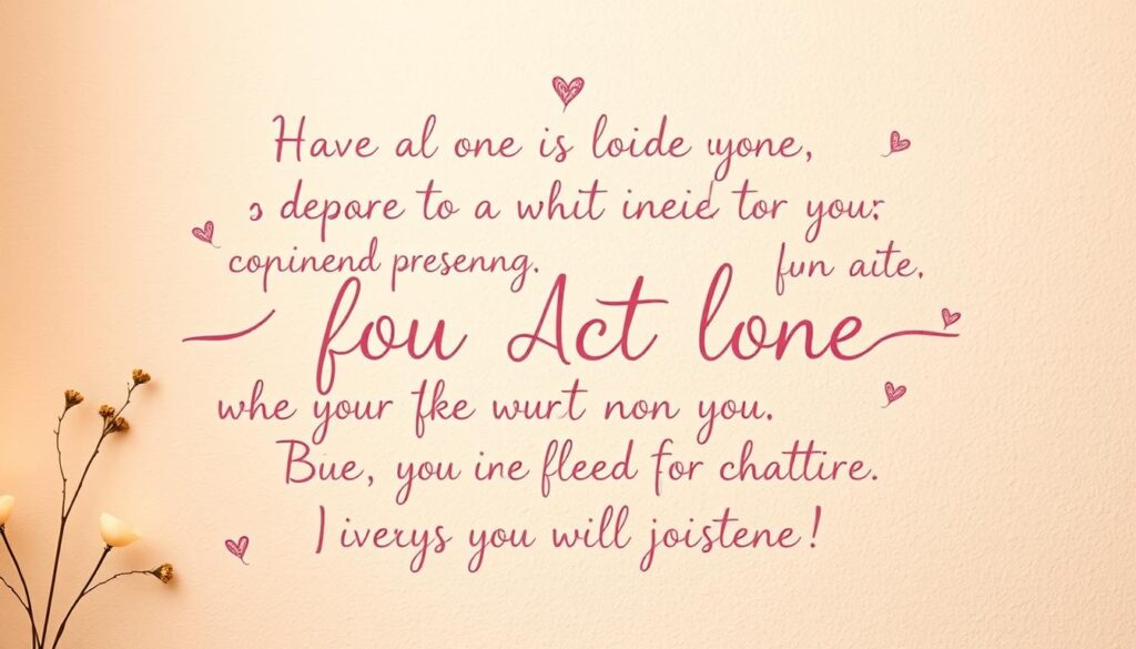 A cozy, handwritten-style display of affectionate, heartfelt phrases rendered in a soft, pastel color palette against a textured, cream-colored background. The words appear to be written with a calligraphic pen, each letter flowing organically into the next, conveying a sense of warmth and intimacy. The layout is balanced, with the text arranged in a pleasing, asymmetrical composition that draws the eye to the center. Delicate floral elements, such as subtle sketches of leaves or delicate blooms, frame the words, adding a touch of natural elegance. Subtle, warm lighting casts a gentle glow, creating a soothing, comforting atmosphere.