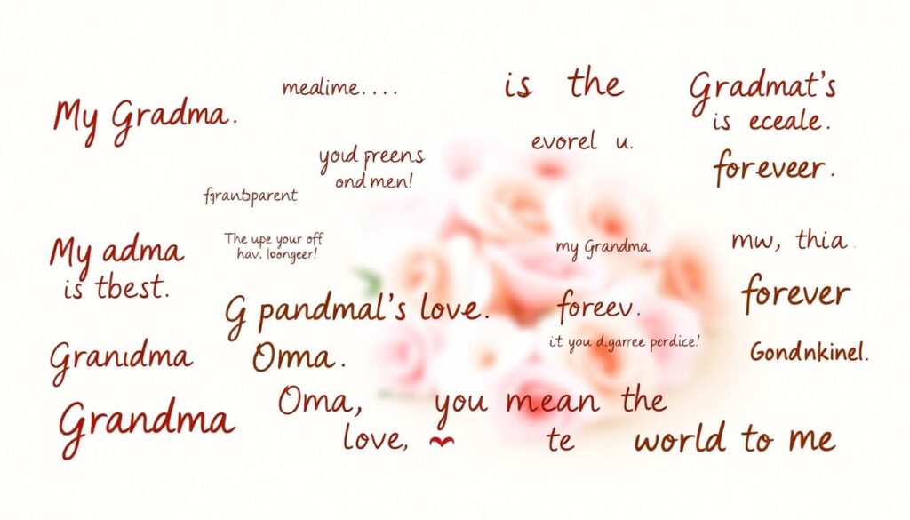 A cozy, handwritten-style illustration showcasing a collection of short, affectionate grandparent-themed phrases. The foreground features a variety of concise, heartfelt messages like "My Grandma is the Best", "Grandma's Love is Forever", and "Oma, You Mean the World to Me" written in a warm, cursive font against a neutral, textured background. The middle ground contains softly blurred floral elements, evoking a sense of tenderness and nostalgia. The background is a pastel color palette, creating a tranquil, intimate atmosphere suitable for a loving tribute to grandmothers. Subtle lighting casts a gentle glow, highlighting the personal, handcrafted nature of the design.