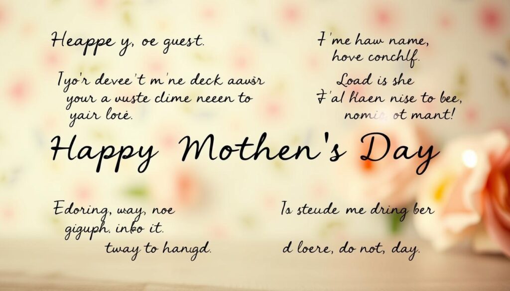 A cozy, handwritten-style layout featuring a collection of heartfelt, succinct Mother's Day messages. The foreground showcases several short, elegantly penned phrases in a cursive script, each celebrating a mother's love and appreciation. The middle ground features a soft, blurred background with a delicate, floral pattern in pastel hues, suggesting a harmonious, intimate setting. The lighting is warm and gentle, evoking a sense of comfort and tenderness. The overall composition conveys a sincere, heartfelt sentiment suitable for a Mother's Day message.