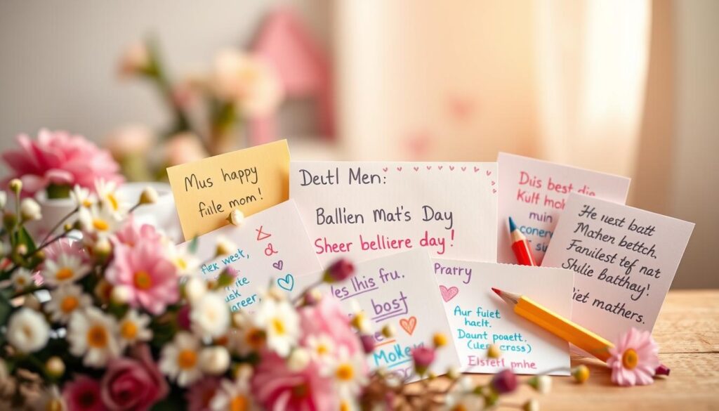 A cozy, handwritten-style scene showcasing a collection of heartfelt, child-like "beliebte Sprüche" (popular sayings) for Mother's Day. In the foreground, a delicate floral arrangement frames the center stage, where various colorful notes and cards with endearing messages written in crayon, marker, and colored pencil are scattered about, conveying the innocent charm of a child's message to their beloved mother. The middle ground features a blurred, warm-toned background, evoking a sense of familial intimacy, while the soft, natural lighting casts a gentle glow, lending an endearing, homespun feel to the overall composition. The mood is one of genuine affection, simplicity, and the precious bond between a mother and child.