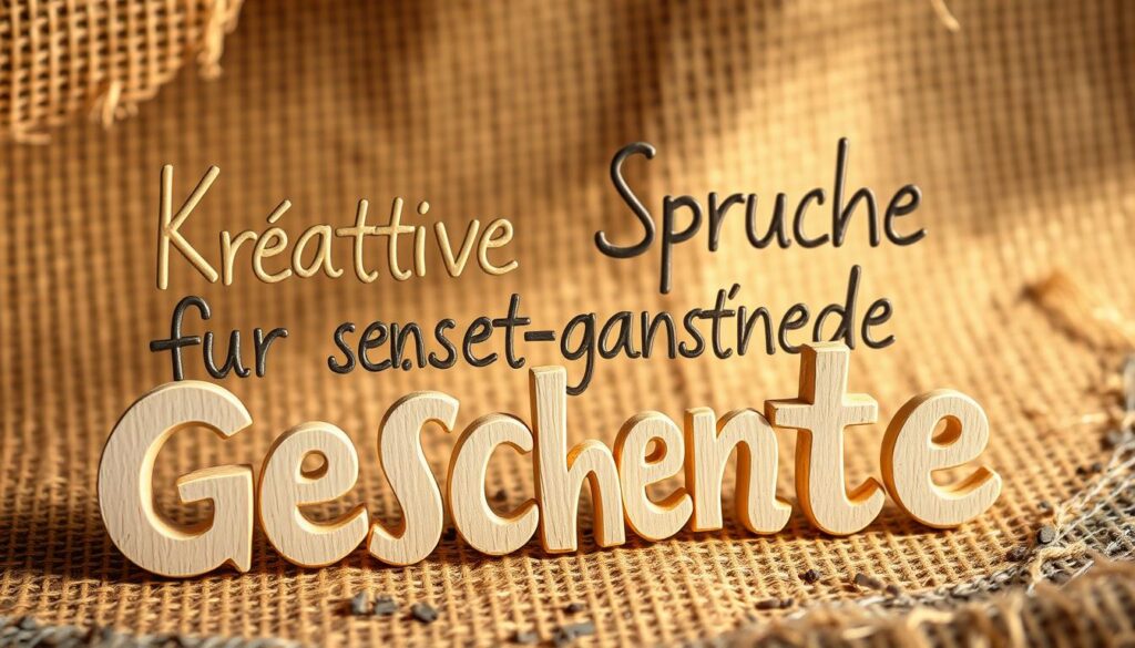 A cozy, handwritten-style typography piece set against a warm, rustic background. In the foreground, beautifully crafted lettering spells out "Kreative Sprüche für selbstgemachte Geschenke" in a playful, organic style. The letters are rendered in a muted, earthy color palette, with subtle texture and slight imperfections, conveying a homemade, heartfelt aesthetic. The background features a soft, out-of-focus texture, perhaps a wooden surface or burlap, evoking a sense of handmade charm. Subtle lighting casts gentle shadows, adding depth and dimension to the overall composition. The overall mood is intimate, sincere, and reflective of the love and care poured into handmade gifts.