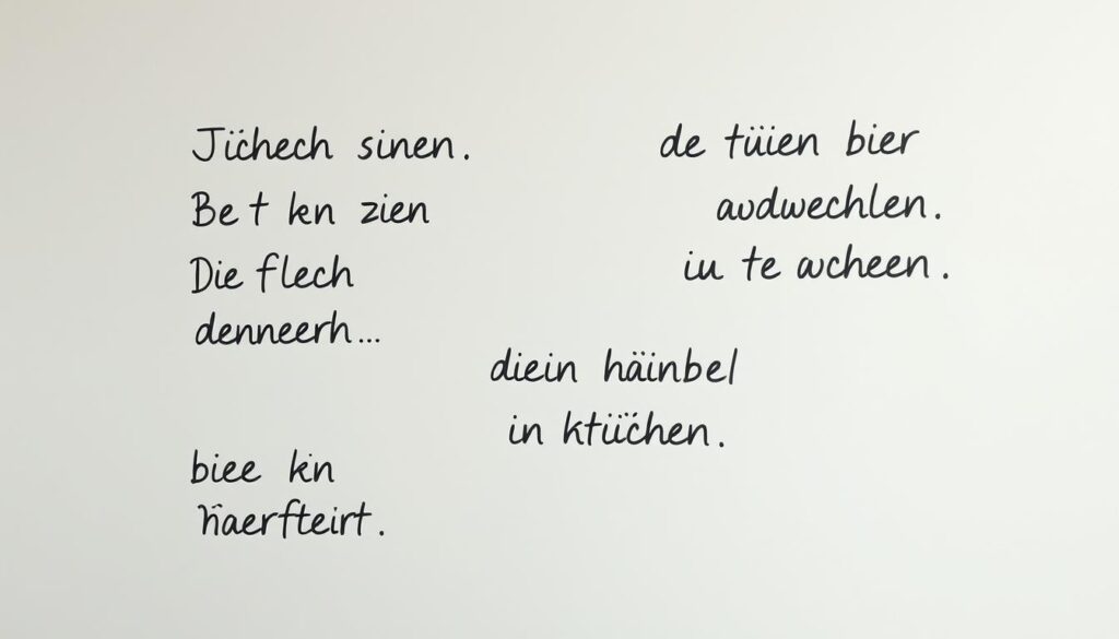 A cozy, handwritten-style typography scene featuring short, inspirational German phrases against a pastel-colored background. The words should appear as if casually written on a whiteboard or chalkboard, with a minimalist, modern aesthetic. Lighting should be soft and diffused, creating a warm, inviting atmosphere. The composition should be balanced, with the phrases carefully arranged to guide the viewer's eye. Avoid overly decorative elements, keeping the focus on the simplicity and authenticity of the hand-lettered text.
