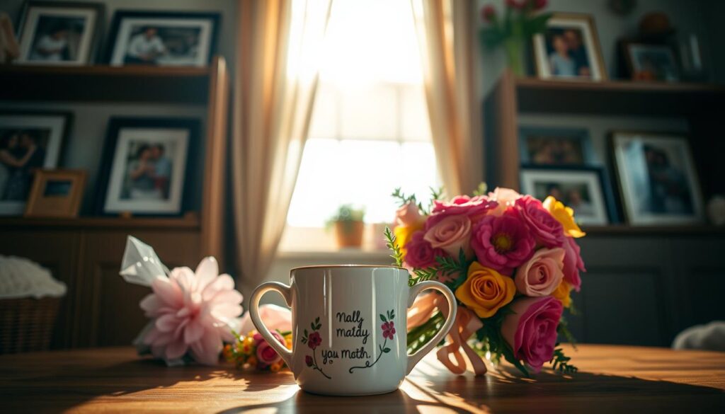 A cozy home interior, sunlight streaming through the window, illuminating a carefully curated selection of heartfelt gifts. In the foreground, a handmade ceramic mug, its surface adorned with a delicate floral pattern, exuding a sense of warmth and personalization. Beside it, a bouquet of fresh flowers, their vibrant colors and delicate petals conveying a message of love and appreciation. On the shelves, framed photographs capture cherished memories, each one a testament to the bond between a mother and child. The atmosphere is one of intimacy and thoughtfulness, where every detail has been chosen to express the deep, unspoken emotions that words cannot fully capture.