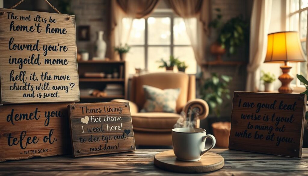 A cozy home interior, warm lighting casting a soft glow on handwritten emotional phrases displayed on rustic wooden signs. The foreground features a mix of heartfelt sentiments with a humorous twist, calligraphy contrasting with playful doodles. In the middle ground, a plush armchair and a mug of steaming tea, inviting the viewer to pause and reflect. The background is filled with earthy tones, natural textures, and subtle hints of greenery, creating a comforting, down-to-earth atmosphere. The scene evokes a sense of comfort, nostalgia, and the power of simple, genuine emotional expressions.