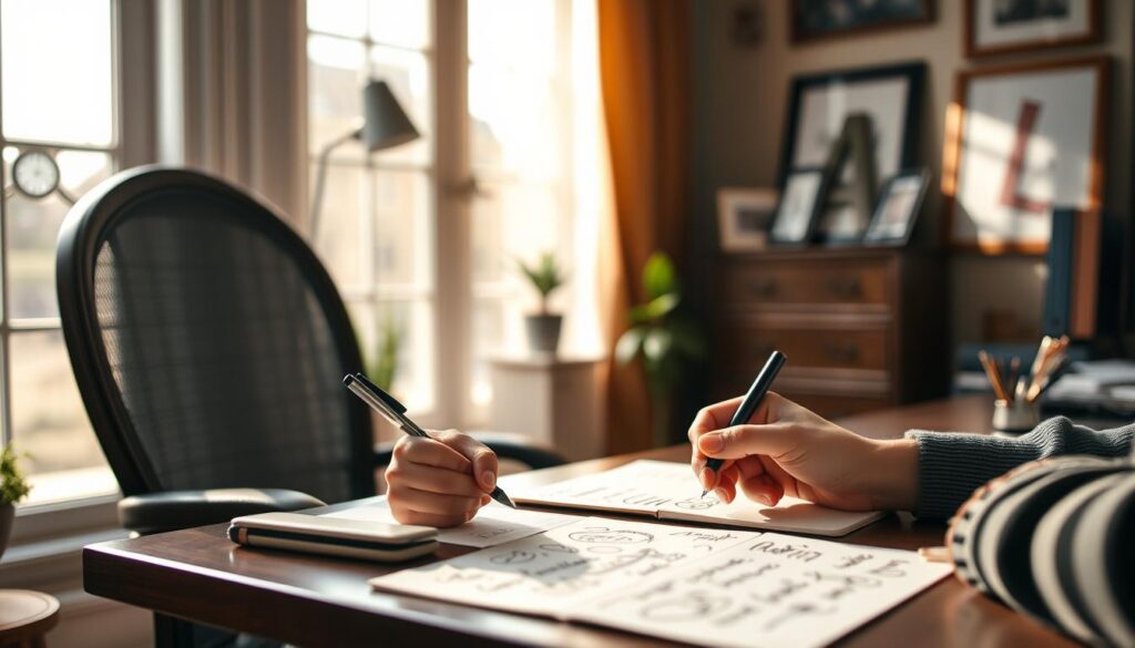 A cozy home office setting with a desk, chair, and bright natural lighting streaming in through a window. On the desk, a person's hands are thoughtfully crafting handwritten notes and doodles, capturing their own unique expressions and sentiments. The atmosphere is one of focused creativity, with a sense of warmth and personal touch. The background features subtle inspirational elements, such as a small plant or framed artwork, creating an inviting and productive environment for crafting personalized messages.