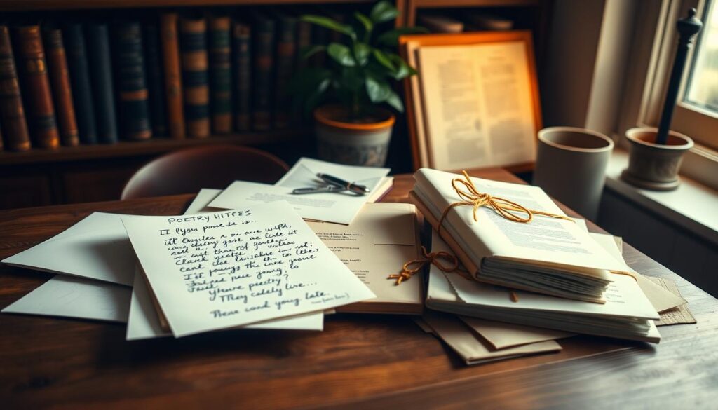 A cozy home office setting with a handwritten letter and an assortment of gift-wrapped poetry books, poems, and envelopes scattered across a wooden desk. Soft, warm lighting illuminates the scene, creating a serene and intimate atmosphere. In the background, a bookshelf filled with leather-bound volumes and a potted plant add depth and a sense of creativity. The overall composition conveys the thoughtful act of gifting poetry, with a focus on the personal and heartfelt nature of the gesture.