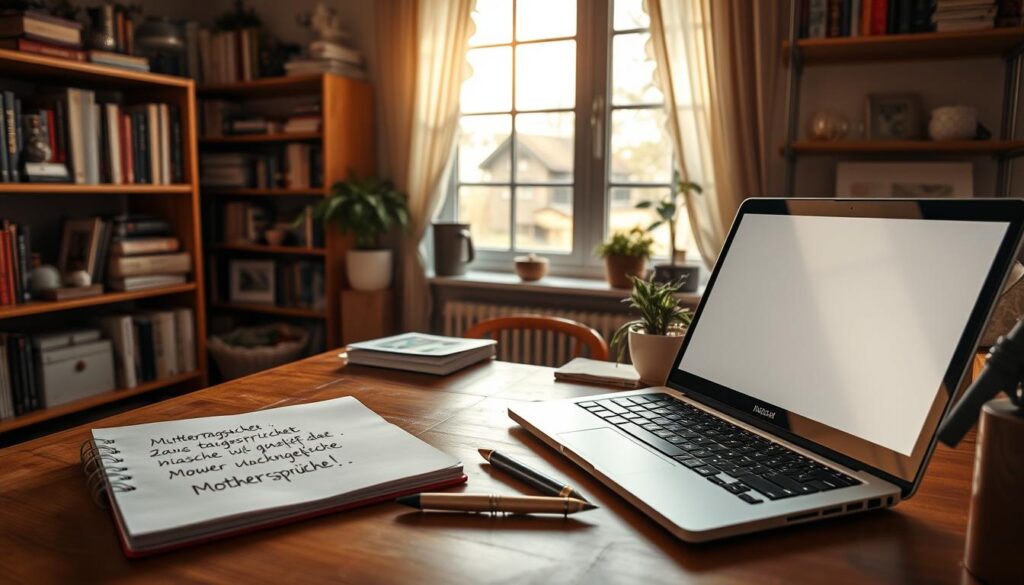 A cozy home office setting, with a wooden desk and shelves filled with books and personal items. On the desk, there is a laptop, a pen, and a notebook where handwritten "Muttertagssprüche" are visible. A warm, natural lighting filters through a large window, casting a soft glow over the scene. The atmosphere is one of creativity and thoughtfulness, inviting the viewer to imagine the process of crafting personalized Mother's Day messages. The overall composition suggests a serene, introspective mood, reflecting the intimate and meaningful nature of the task at hand.