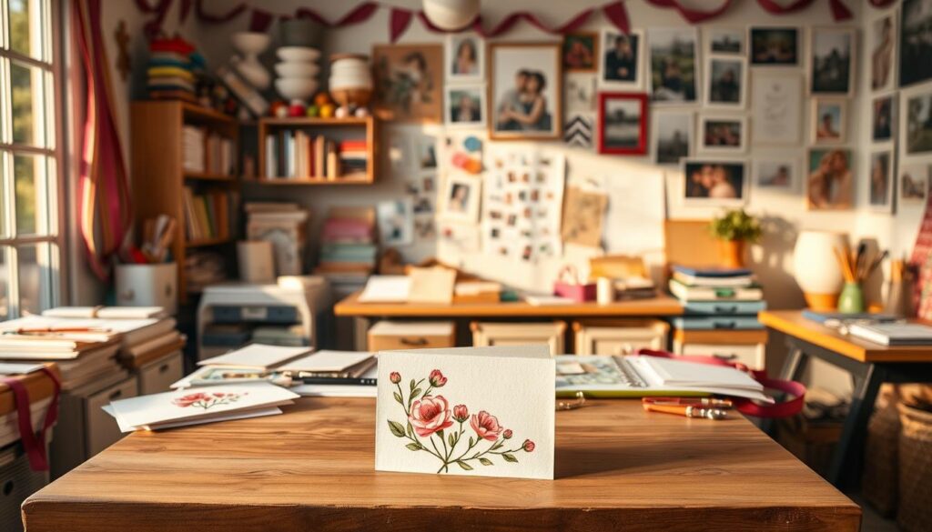 A cozy home studio with an array of colorful paper, ribbons, and crafting supplies. Warm, natural lighting filters through large windows, casting a soft glow over the scene. In the foreground, a delicate hand-painted floral card takes shape on a wooden table, the artist's skilled brushstrokes capturing the essence of the blooms. In the middle ground, various card templates, envelopes, and embellishments are neatly organized, inviting the viewer to imagine the creative process. The background features a wall adorned with inspirational artworks and photographs, reflecting the care and attention given to these heartfelt Mother's Day greetings.