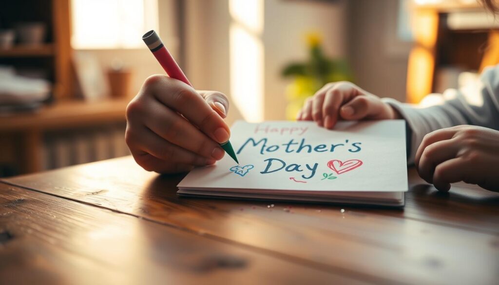 A cozy, homely scene of a child's hands decorating a handwritten Mother's Day card on a wooden table. The card's cover features a simple but heartfelt design using crayon drawings, glitter, and ribbon. Warm, soft lighting from a nearby window illuminates the personalized creation, casting gentle shadows. The background is blurred, allowing the card to be the focal point, conveying a sense of intimacy and thoughtfulness. The overall mood is one of genuine care, creativity, and the special bond between a child and their mother.