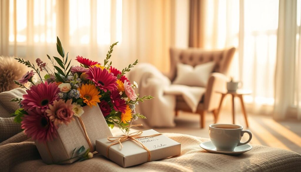 A cozy indoor scene, bathed in warm, golden light filtering through sheer curtains. In the foreground, an artfully arranged display of thoughtfully curated Mother's Day gift ideas - a bouquet of vibrant flowers, a beautifully wrapped package, and a handwritten card. The middle ground features a comfortable armchair and a side table with a cup of tea, creating a tranquil, intimate atmosphere. The background showcases a minimalist, Scandinavian-inspired room design with soft textures and earthy tones, conveying a sense of relaxation and elegance. The overall mood is one of understated sophistication, celebrating the joy and appreciation for the special woman being honored.