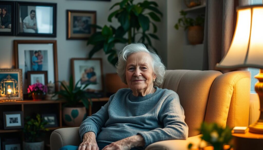 A cozy interior scene with an elderly woman sitting in a comfortable armchair, surrounded by framed family photos, potted plants, and personal mementos. Warm, soft lighting casts a gentle glow, creating an atmosphere of tranquility and warmth. The woman's expression is one of contentment and wisdom, conveying the profound influence and cherished memories she has imparted to her family. The background is slightly blurred, allowing the focus to remain on the woman and the intimate setting that represents the special bond between grandmother and grandchild.