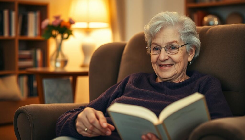 A cozy, intimate scene of a grandmother sitting in a plush armchair, reading a book. Soft, warm lighting illuminates her kind, wrinkled face, accentuating her gentle smile. The background is a comfy, inviting living room, with a bookshelf and a vase of fresh flowers adding homey details. The grandmother's hands are delicately holding the book, conveying a sense of thoughtful reflection. The overall mood is one of comfort, wisdom, and the special bond between a grandparent and grandchild.