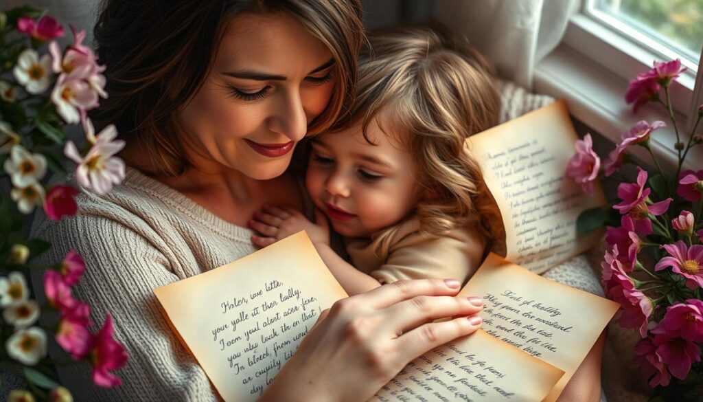 A cozy, intimate scene of a mother and child embraced, surrounded by a gentle array of handwritten poems on delicate parchment paper. The tender mother's gaze radiates love, her face illuminated by soft, warm lighting that bathes the scene in an inviting, nostalgic atmosphere. Vibrant blooms of spring flowers decorate the periphery, complementing the sentimental mood. A sense of reverence and appreciation for the written word pervades the peaceful, contemplative setting, capturing the essence of expressing heartfelt emotions through the timeless artform of poetry on Mother's Day.