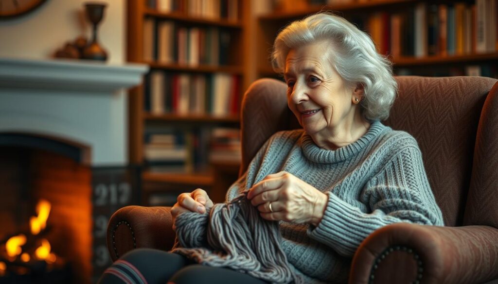 A cozy, intimate scene of a wise, elderly grandmother sitting in her favorite armchair, surrounded by the warm glow of a fireplace. Her face radiates a serene, loving expression as she gazes down at her knitting, her calloused hands deftly weaving the yarn. The background is softly blurred, with bookshelves lining the walls, hinting at a lifetime of accumulated wisdom and experience. Soft, diffused lighting casts a gentle, comforting atmosphere, inviting the viewer to bask in the tranquility and cherished moments shared between grandparent and grandchild.