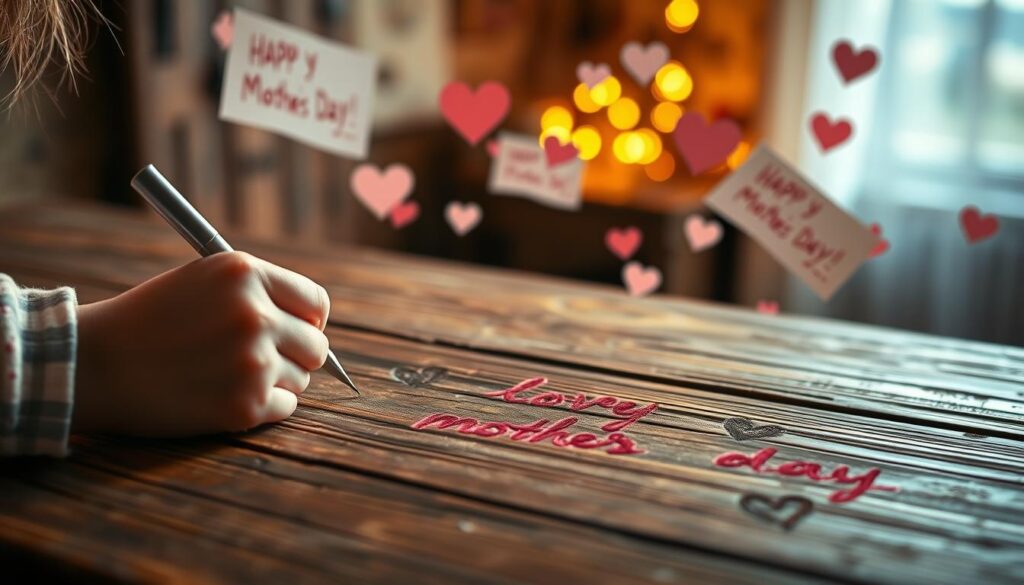 A cozy, intimate scene of children's heartwarming handwritten phrases scrawled across a weathered wooden surface, illuminated by soft, warm lighting. In the foreground, a small child's hand lovingly pens a touching message, while in the middle ground, similar notes flutter gently in an unseen breeze. The background blurs into a hazy, dreamlike backdrop, evoking a sense of tenderness and emotion. The overall composition radiates a sense of joy, nostalgia, and the endearing innocence of a mother's day celebration.