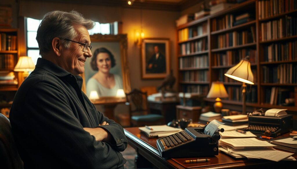 A cozy, intimate study filled with warm lighting and antique furnishings. In the foreground, a thoughtful writer gazes lovingly at a framed portrait of their beloved mother, a gentle smile on their face. The middle ground features a cluttered desk with scattered papers, pens, and a typewriter, hinting at the creative process. In the background, bookshelves line the walls, casting a scholarly ambiance. The overall mood is reflective, nostalgic, and reverential, capturing the profound bond between famous authors and their mothers.