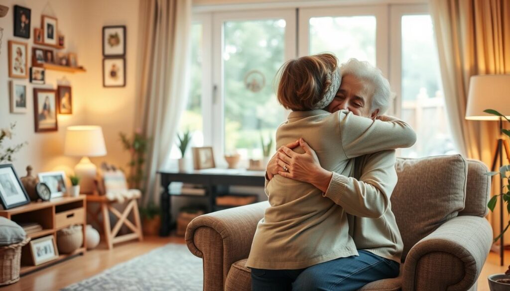 A cozy, inviting living room scene. In the foreground, a smiling elderly woman sits on a plush armchair, accepting a heartfelt hug from a younger person, likely her grandchild. Warm, soft lighting fills the room, creating a comforting ambiance. The middle ground features family photos, handmade crafts, and other sentimental items that tell the story of their close relationship. In the background, a large window overlooks a peaceful garden, hinting at the tranquility and love that surrounds this special moment. The composition conveys a sense of gratitude, appreciation, and the cherished bond between a grandmother and her loved ones.
