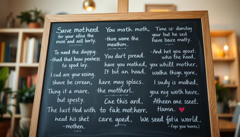 A cozy, inviting scene featuring a chalkboard or blackboard in the foreground, with a collection of handwritten quotes and sayings about mothers and motherhood scrawled across its surface. The background should be a softly blurred interior setting, with perhaps a bookshelf, a potted plant, or other homely accents to create a warm, thoughtful atmosphere. The lighting should be gentle, with a subtle glow illuminating the chalkboard and casting soft shadows. The camera angle should be slightly low, creating a sense of intimacy and drawing the viewer's attention to the carefully crafted quotes. The overall mood should convey a sense of wisdom, nurturing, and the special insights that mothers share with the world.