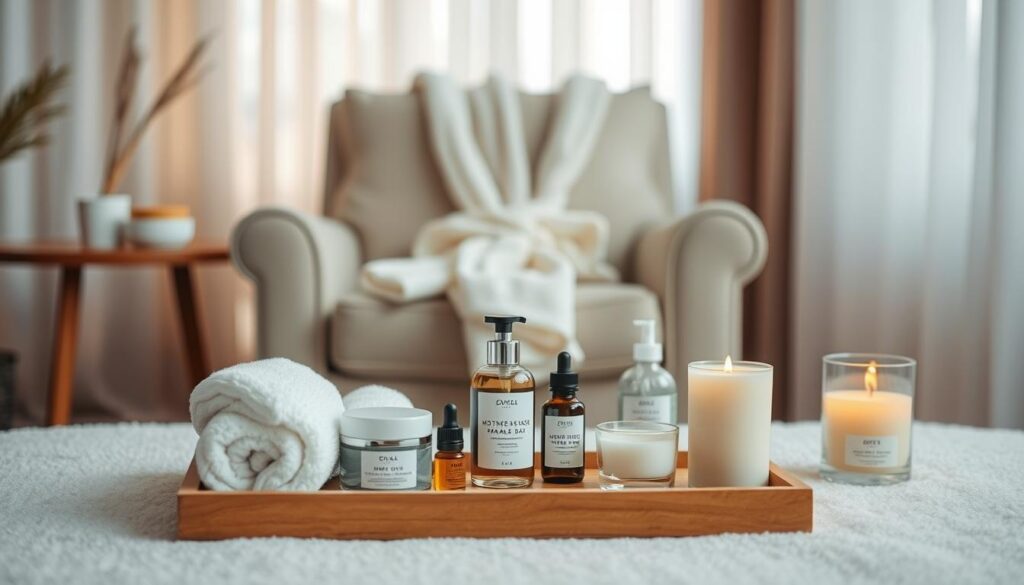 A cozy, inviting scene of a Mother's Day spa treatment. In the foreground, a plush white towel and an assortment of luxurious skincare products - face masks, bath oils, and aromatic candles - are artfully arranged on a wooden tray. The middle ground features a comfortable armchair upholstered in soft, neutral tones, with a fluffy robe draped over the back, inviting the viewer to imagine a tranquil moment of pampering. In the background, a warm, diffused light filters through sheer curtains, creating a serene, relaxing atmosphere. The overall mood is one of quiet indulgence and thoughtful self-care, perfect for celebrating the special woman in one's life.