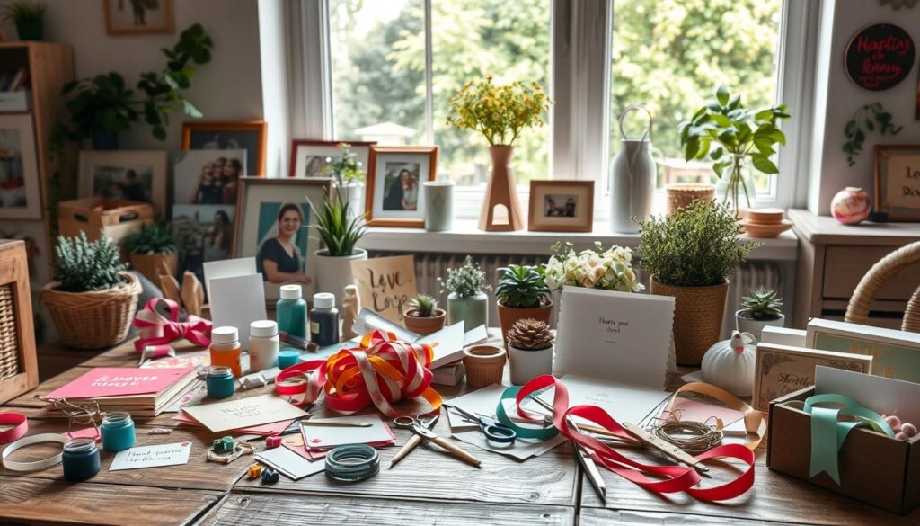 A cozy, inviting scene of everyday household items arranged artfully to showcase "Anlässe für DIY-Sprüche". In the foreground, a variety of colorful craft supplies - paints, ribbons, scissors, and handmade cards - are casually scattered on a rustic wooden table. In the middle ground, framed photos, plants, and sentimental trinkets create a warm, personal atmosphere. The background features a bright, airy window overlooking a lush, verdant garden, with soft, natural lighting filtering in. The overall composition has a charming, DIY-inspired aesthetic, conveying the joy and creativity of crafting meaningful messages for loved ones.