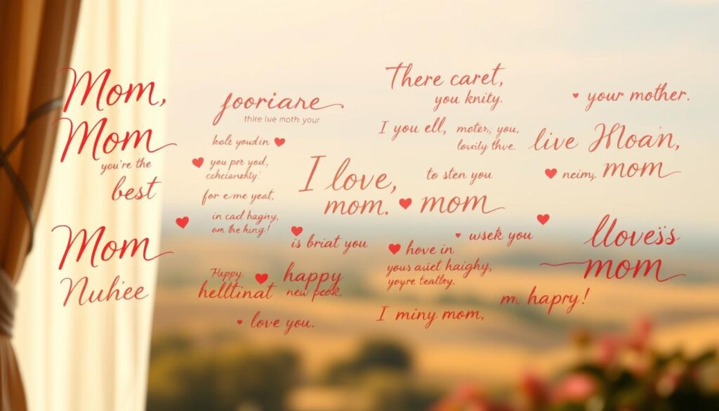 A cozy, inviting scene of handwritten English phrases for mothers, floating in a softly blurred, pastel-tinted background. The foreground features elegant calligraphic script in various shades of warm tones, such as "Mom, you're the best" and "I love you, mom." The midground showcases a collection of heartfelt messages, each with its own distinct style and personality, creating a harmonious and visually striking composition. The background is a gentle, out-of-focus landscape, suggesting a serene, introspective atmosphere perfect for reflecting on the bond between a mother and child. The lighting is soft and diffused, casting a soothing, ambient glow on the scene, evoking a sense of comfort and appreciation.
