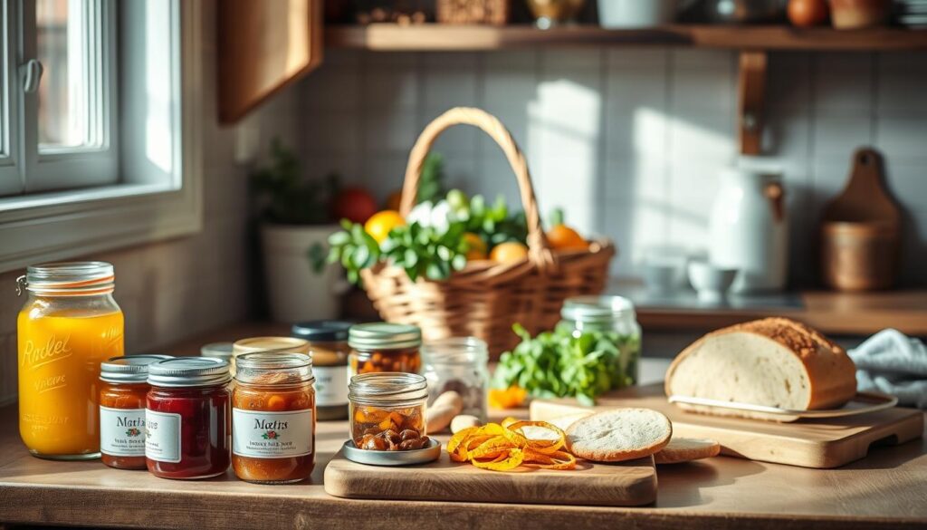 A cozy kitchen counter filled with an assortment of homemade culinary gifts. In the foreground, neatly arranged jars of jams, chutneys, and infused oils in various colors. Beside them, a cutting board with freshly baked bread, cookies, and a plate of candied citrus peels. The middle ground features a hand-woven basket overflowing with fresh herbs and produce. Soft, natural lighting filters in from a nearby window, casting a warm glow over the scene. The overall atmosphere evokes a sense of rustic charm and wholesome, handmade delights, perfect for a Mother's Day celebration.