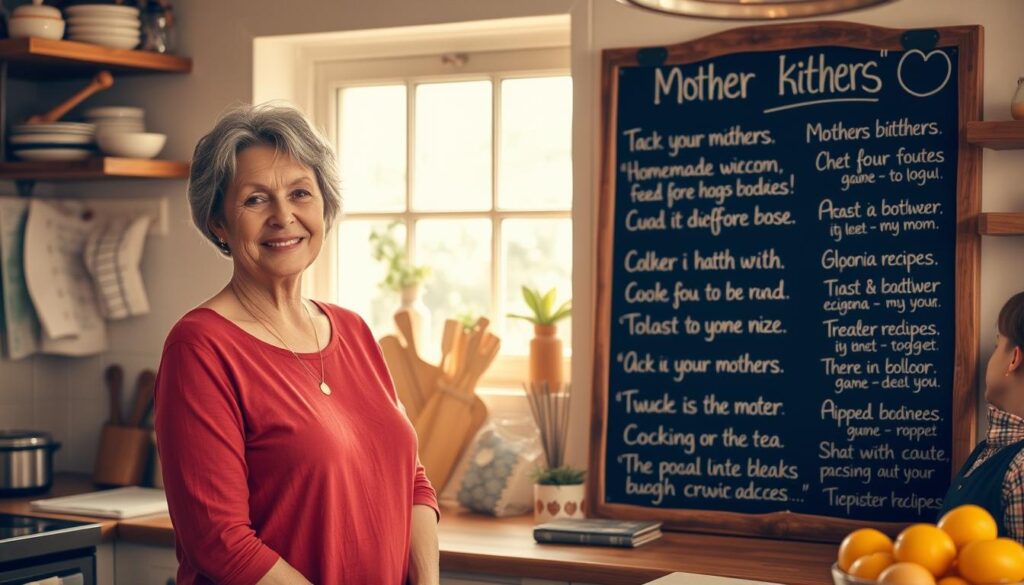 A cozy kitchen interior, warm and inviting, with a cheerful mother figure standing by the counter, surrounded by handwritten notes and homemade recipes pinned to a rustic wooden board. Soft, natural lighting filters through the kitchen window, casting a gentle glow on the scene. The mother's expression is one of wisdom and kindness, her gentle smile conveying the warmth and nurturing spirit that is the essence of motherly wisdom. In the background, a chalkboard display features a collection of heartfelt quotes and sayings celebrating the unique role and influence of mothers. The overall atmosphere evokes a sense of comfort, familiarity, and the cherished traditions that are passed down through generations of mothers.