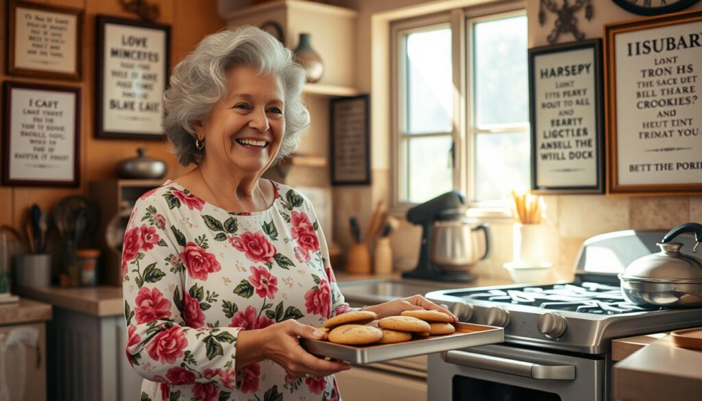 A cozy kitchen interior with a cheerful, gray-haired grandmother wearing a floral dress, standing in front of a vintage oven and holding a tray of freshly baked cookies. The walls are adorned with framed humorous quotes and illustrations, casting a warm, nostalgic glow. Sunlight streams through the kitchen window, illuminating the grandmother's kind, laughter-filled expression as she shares her culinary wisdom and witty wisdom with her family. The scene evokes a sense of comfort, humor, and the cherished bond between grandparents and their loved ones.