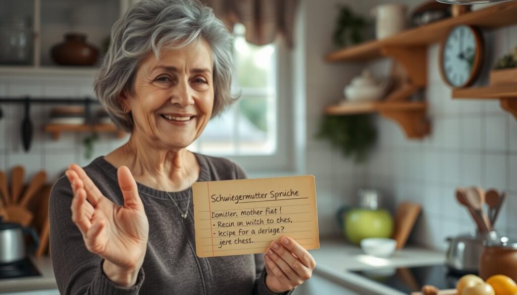 A cozy kitchen scene with a cheerful, gray-haired woman gesturing warmly, surrounded by homely details that evoke a loving grandmother's wisdom and wit. Soft, natural lighting filters through a window, casting a gentle glow over the heartfelt "Schwiegermutter Sprüche" handwritten on an old recipe card she holds. The composition highlights the woman's kind expression and the inviting atmosphere, creating an image that celebrates the cherished role of the mother-in-law and the meaningful connections she nurtures.