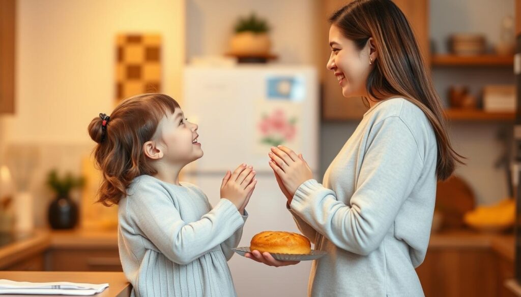 A cozy kitchen scene with a mother and child sharing a heartfelt moment of gratitude. In the warm, soft lighting, the mother stands at the counter, holding a baked treat while her young daughter beams up at her, small hands clasped together in appreciation. The background blurs into a hazy, domestic setting, evoking a sense of everyday contentment and the quiet joys of family life. The overall atmosphere is one of genuine, unaffected thankfulness - a fleeting but profoundly meaningful exchange between a parent and child.